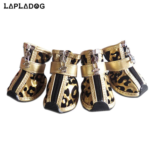 4pcs Gold Leopard Leather Pet Shoes – PU Anti-Slip Waterproof Booties