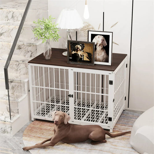Large Wooden Dog Crate – Furniture-Style Indoor Kennel with 3 Doors & Tray